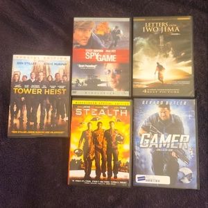5movies,SpyGameR(collectorEdition) TowerHeistPG13,GamerR,StealthPG13, Iwojima(R)